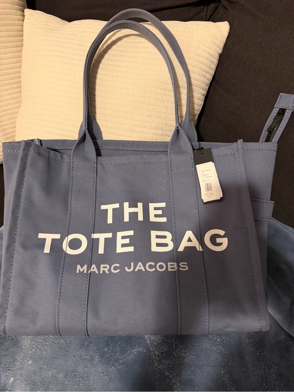 Marc Jacobs Slate Blue Canvas Tote Bag with White Logo